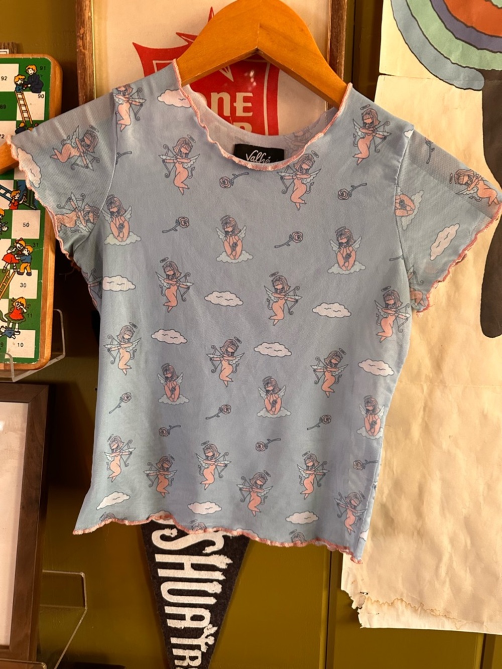 Valfré Sheer Mesh Baby Tee Cherub Print XS Y2K Coquette Top